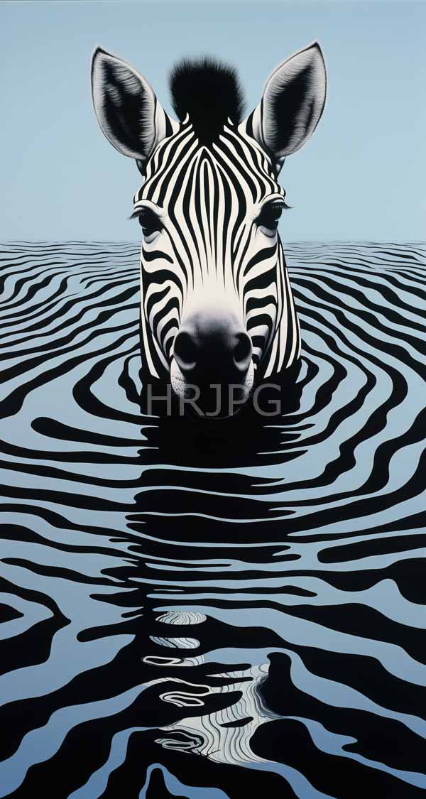 High Resolution: Zebra's head emerging from water with its black and white stripes reflected in ripples below against a blue sky background download. | HRJPG.com