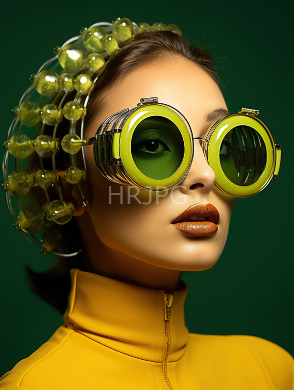High Resolution: Asian woman with light skin wears oversized green circular glasses reflecting her eyes and orange lipstick with curly hair adorned with translucent yellow-green beads download. | HRJPG.com