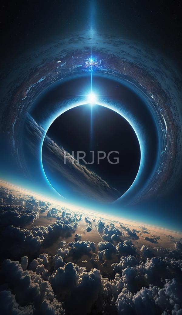 High Resolution: Ethereal circular black hole with glowing blue edges in space surrounded by swirling cosmic dust and light beams piercing through clouds on Earth's horizon download. | HRJPG.com