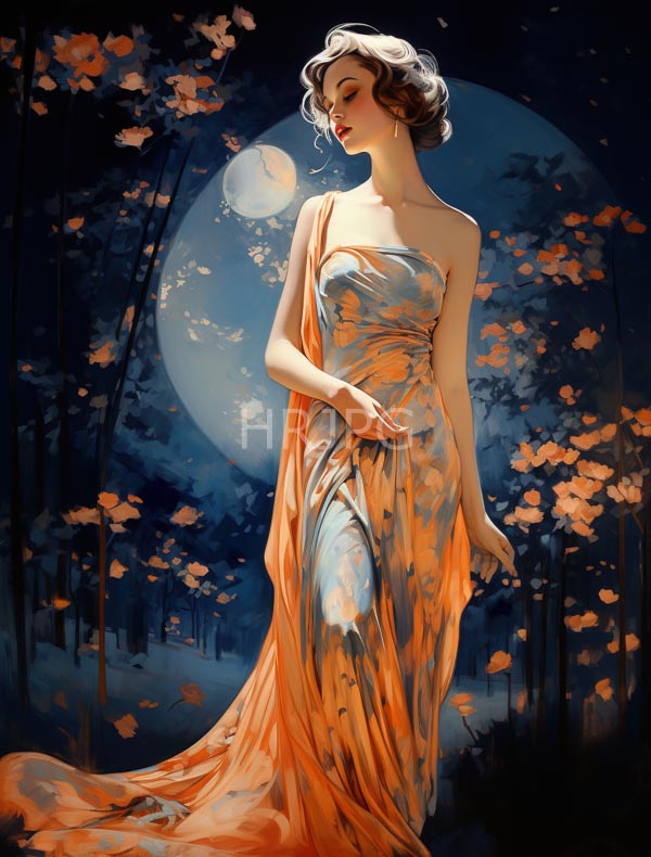 High Resolution: Elegant woman with fair skin and wavy brown hair wears a strapless orange floral gown in front of a moonlit forest background filled with glowing pink flowers download. | HRJPG.com