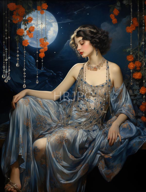 High Resolution: Oil painting of a young woman with dark wavy hair sitting against a night sky backdrop featuring a full moon wearing a flowing blue gown adorned with gold floral patterns download. | HRJPG.com