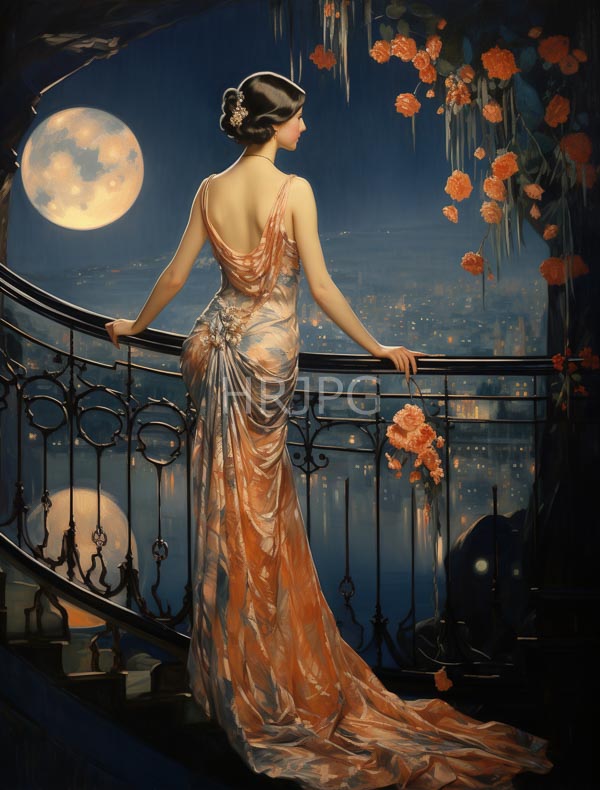 High Resolution: Elegant woman with dark hair in an updo stands on a curved wrought-iron balcony at night under a full moonlit sky wearing a sheer peach satin gown adorned with floral patterns download. | HRJPG.com