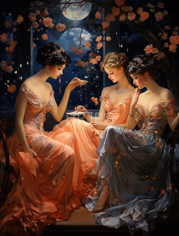 High Resolution: Three elegant women in flowing floral-patterned gowns sitting by a moonlit window adorned with cherry blossoms one woman pours tea from an ornate teacup download. | HRJPG.com