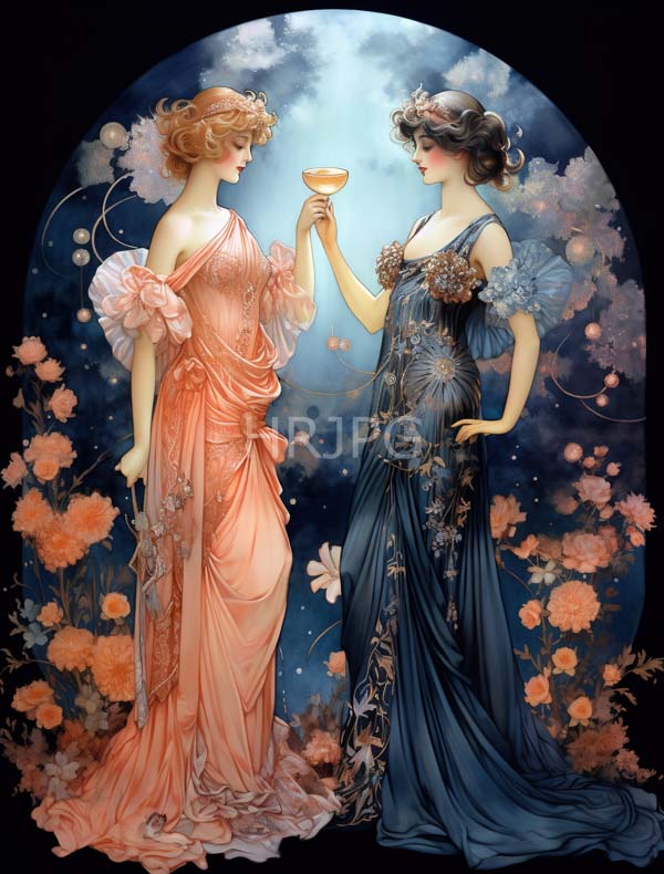 High Resolution: Two elegant women in flowing ornate gowns stand amidst blooming flowers under moonlight one wears pink and offers wine to the other dressed in blue adorned with gold leaf designs download. | HRJPG.com