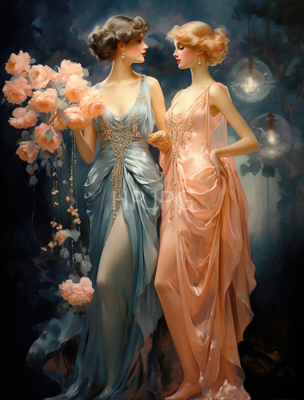High Resolution: Two elegant women in flowing gowns one blue with gold embellishments and the other peach-colored adorned with delicate lacework standing close against a dark background download. | HRJPG.com