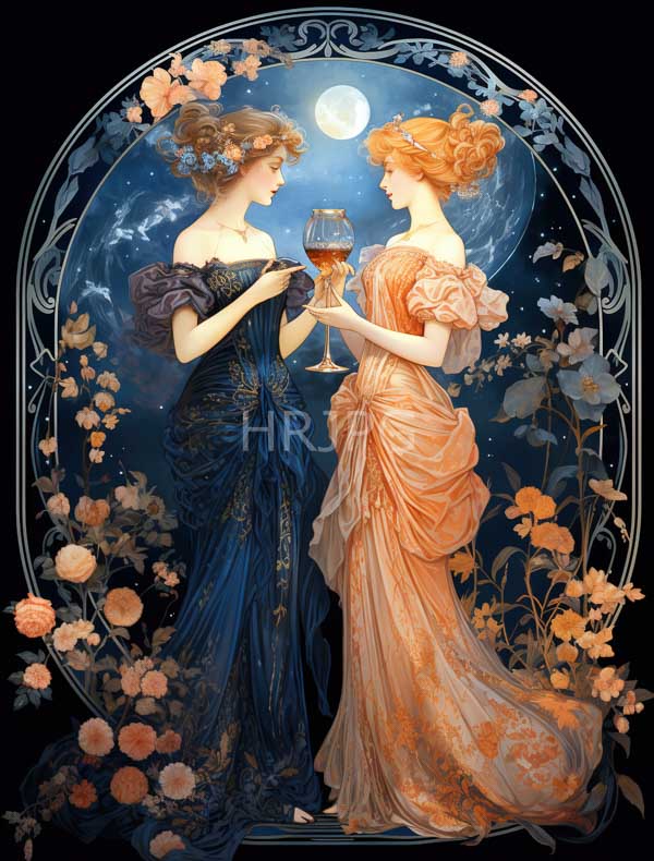 High Resolution: Two elegant women in flowing gowns one blue and ornate with gold patterns and the other peach-colored with ruffles stand facing each other under a full moon against an oval floral frame download. | HRJPG.com