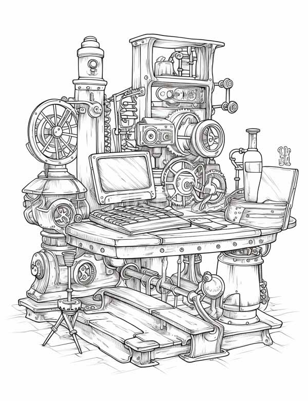 High Resolution: Detailed black-and-white pencil drawing of an intricate steampunk-style mechanical workstation featuring numerous gears cogs and pipes with two monitors on top download. | HRJPG.com