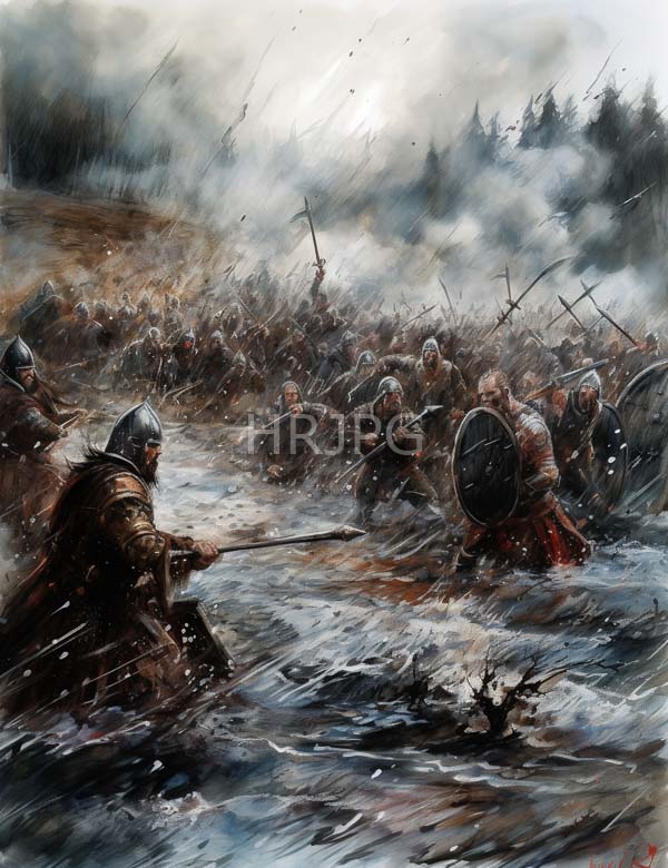 High Resolution: Intense medieval battle scene in rainy muddy terrain with a group of armored warriors wielding swords and shields charging forward through knee-deep water download. | HRJPG.com