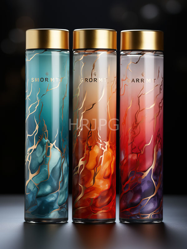High Resolution: Three sleek cylindrical perfume bottles with gold caps and intricate crackle patterns in blue orange-red gradient and red-purple against a dark background download. | HRJPG.com