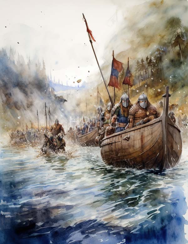 High Resolution: Watercolor painting depicts medieval Viking warriors in wooden boats with red and blue flags wearing armor and helmets on turbulent waters amidst foggy mountains download. | HRJPG.com