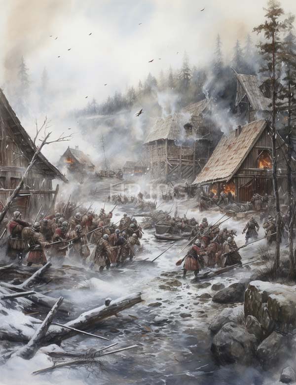 High Resolution: Intricate detailed watercolor painting depicts a snowy village under attack by warriors in medieval-style armor and fur clothing wielding spears amidst snow-covered trees download. | HRJPG.com