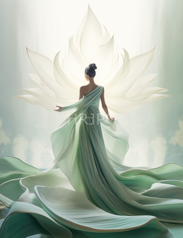High Resolution: Ethereal woman with dark hair in an updo facing away stands before a large glowing lotus flower that envelops her upper body wearing a flowing green gown cascading to form waves download. | HRJPG.com