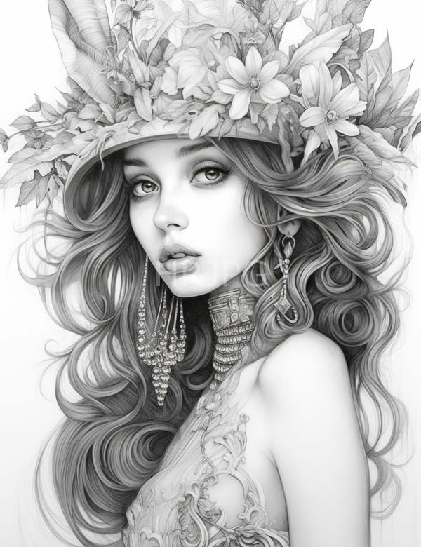 High Resolution: Highly detailed black-and-white drawing of an ethereal woman with long wavy hair and large expressive eyes wearing intricate floral headgear adorned with leaves and flowers download. | HRJPG.com