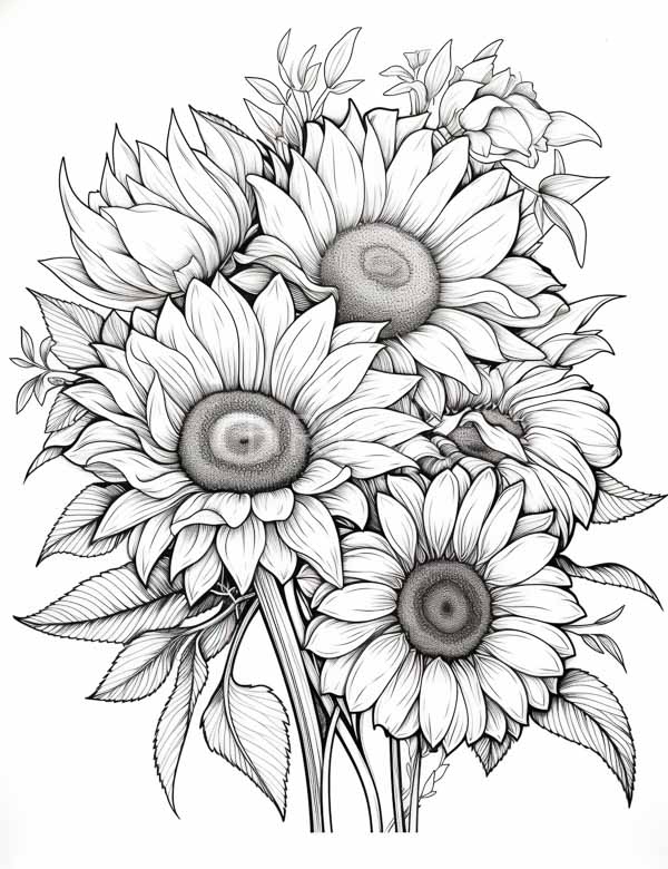 High Resolution: Detailed black-and-white ink drawing of sunflowers with large textured petals and dark centers surrounded by leaves in various stages of bloom with intricate shading download. | HRJPG.com