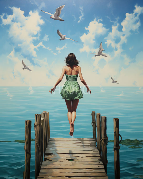 High Resolution: Woman with brown hair wears an aqua-green dress and is barefooted walking away on a wooden pier towards a calm blue ocean under a bright sky with seagulls flying above download. | HRJPG.com