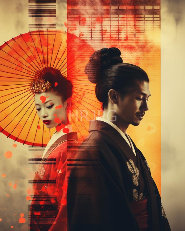 High Resolution: Asian couple in traditional Japanese attire set against a warm orange and red gradient background with smoke effects the woman wears white makeup and a large paper parasol download. | HRJPG.com
