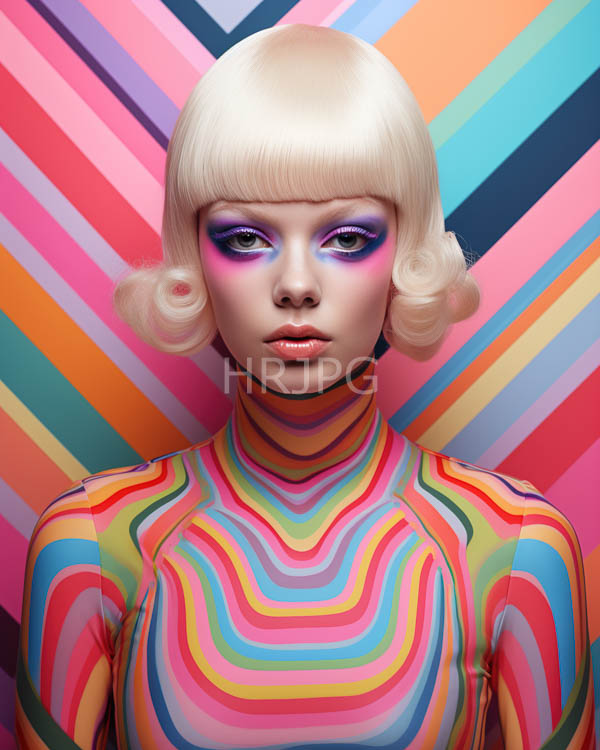 High Resolution: Androgynous model with pale skin platinum blonde bob haircut wears vibrant rainbow-striped clothing against a multicolored diagonal striped background with bold purple eyeshadow download. | HRJPG.com
