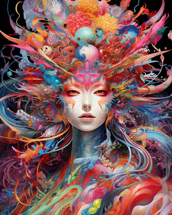 High Resolution: Ethereal pale-skinned woman with red eyes and a neutral expression with her head adorned by vibrant chaotic swirls resembling colorful flowers fish and feathers download. | HRJPG.com
