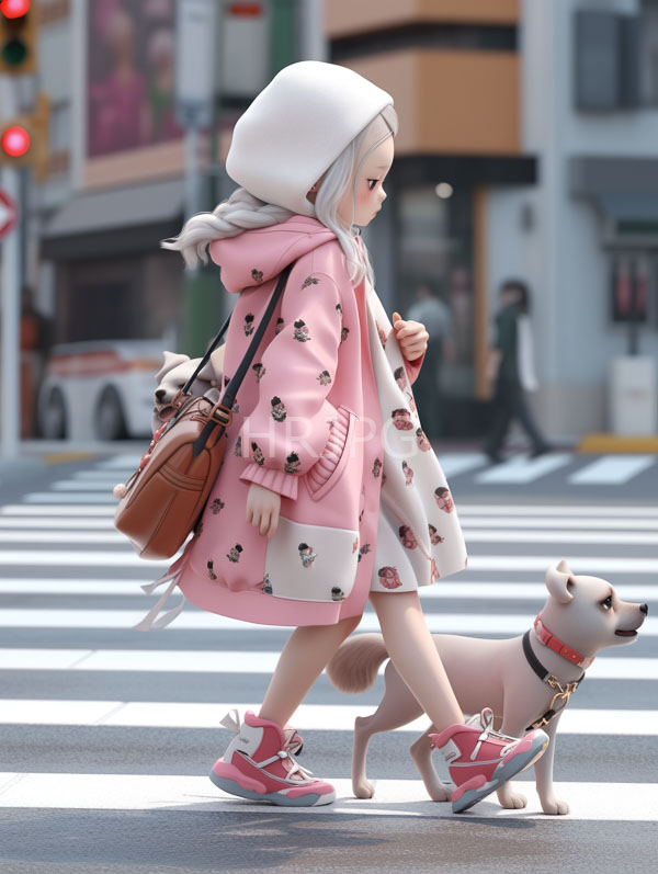 High Resolution: Anime-style girl with pale skin and long white hair wears a pink hooded coat adorned with cute face patterns carrying a brown purse while walking her beige dog on a city crosswalk download. | HRJPG.com