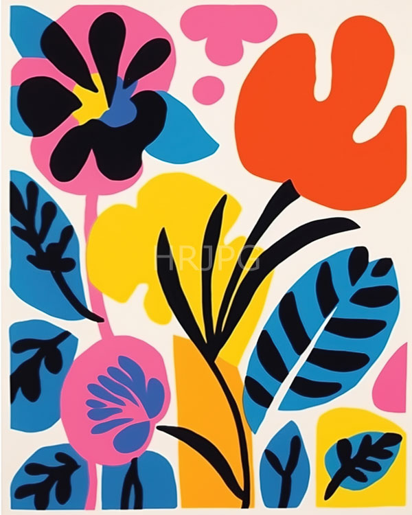 High Resolution: Abstract digital illustration features vibrant floral and leaf patterns in bold colors like black pink blue yellow orange on a cream background with large petals and contrasting hues download. | HRJPG.com