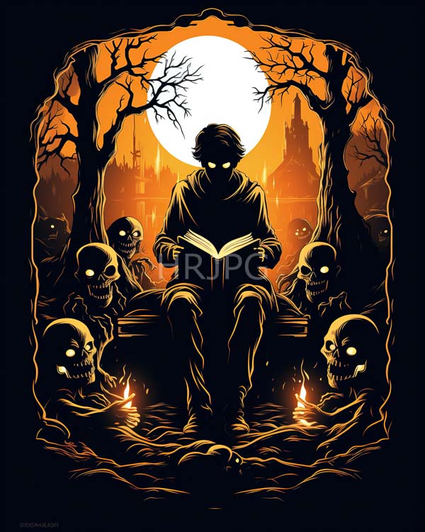 High Resolution: Dark gothic style illustration depicts an eerie scene at night with a silhouetted figure sitting on a stone bench reading a book under a full moon download. | HRJPG.com