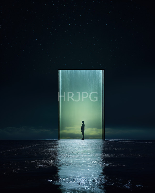 High Resolution: Solitary figure stands in front of an illuminated rectangular portal set against a starry night sky and reflective water surface centered within a glowing green-lit frame download. | HRJPG.com