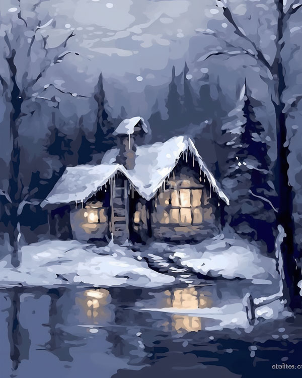 High Resolution: Isolated snow-covered wooden cabin with glowing windows in a dark forest at night with icicles hanging from its roof and a reflective pond mirroring warm light reflections download. | HRJPG.com