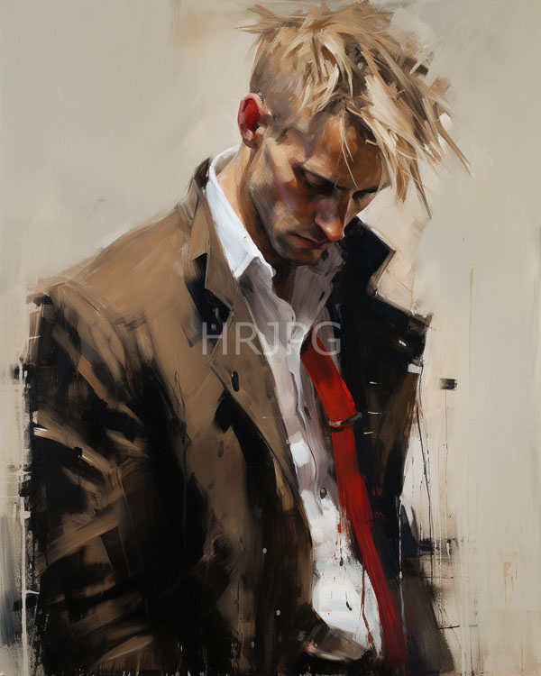 High Resolution: Young blonde-haired man with tousled hair and fair skin looking downward in melancholy contemplation wears an unbuttoned brown coat over a white shirt and red tie download. | HRJPG.com