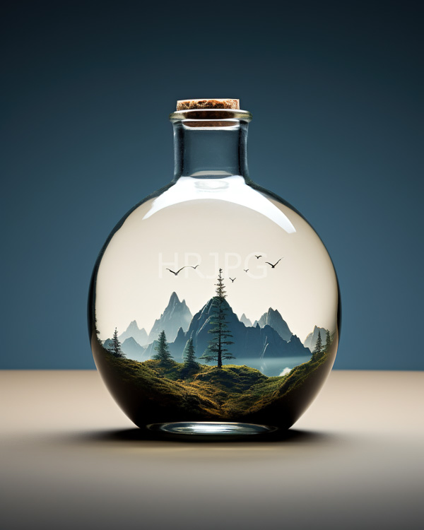 High Resolution: Oval glass bottle with a cork stopper contains a miniature mountain landscape and forest scene inside including pine trees on mossy ground and jagged mountains under a mist-covered sky download. | HRJPG.com