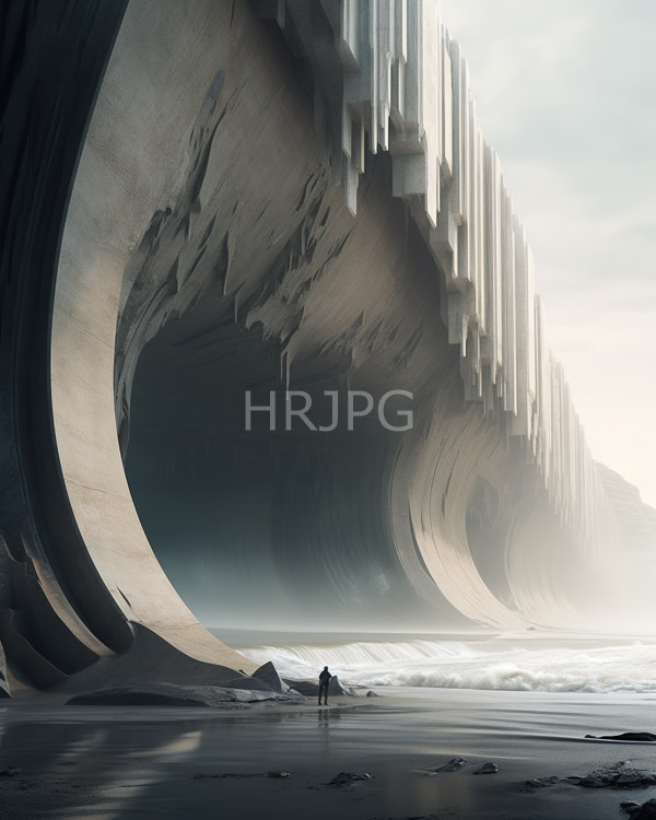 High Resolution: Two small silhouetted human figures standing on an expansive beach with reflective wet sand in front of enormous futuristic concrete structures towering vertically download. | HRJPG.com
