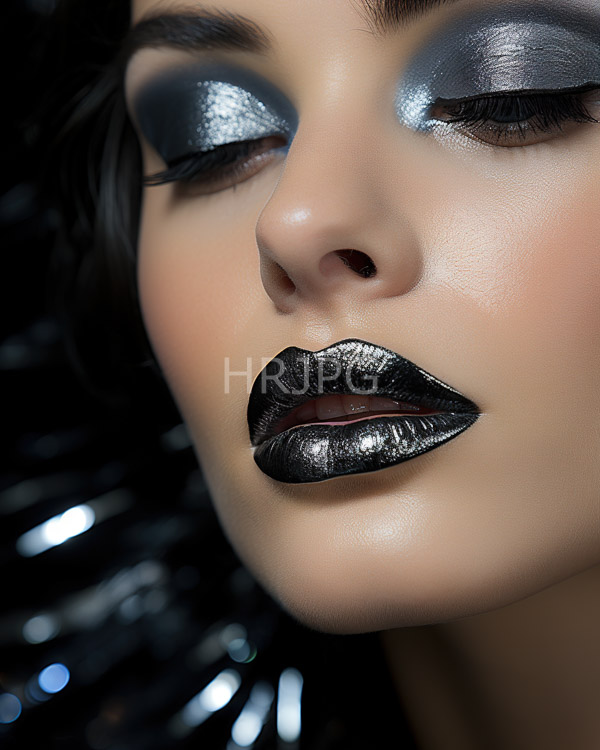 High Resolution: Close-up photograph of an Asian woman with smooth tan skin and black hair against a dark background featuring shimmering metallic silver eyeshadow on her closed eyelids download. | HRJPG.com
