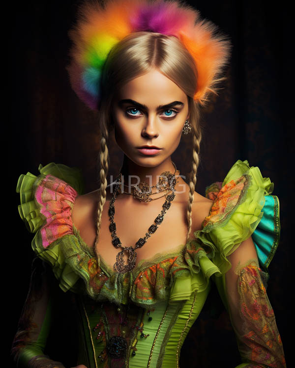 High Resolution: Ethereal young woman with fair skin and striking blue eyes wears braided blonde hair adorned by vibrant rainbow feathers at her crown and a green corset dress embellished with ruffles download. | HRJPG.com