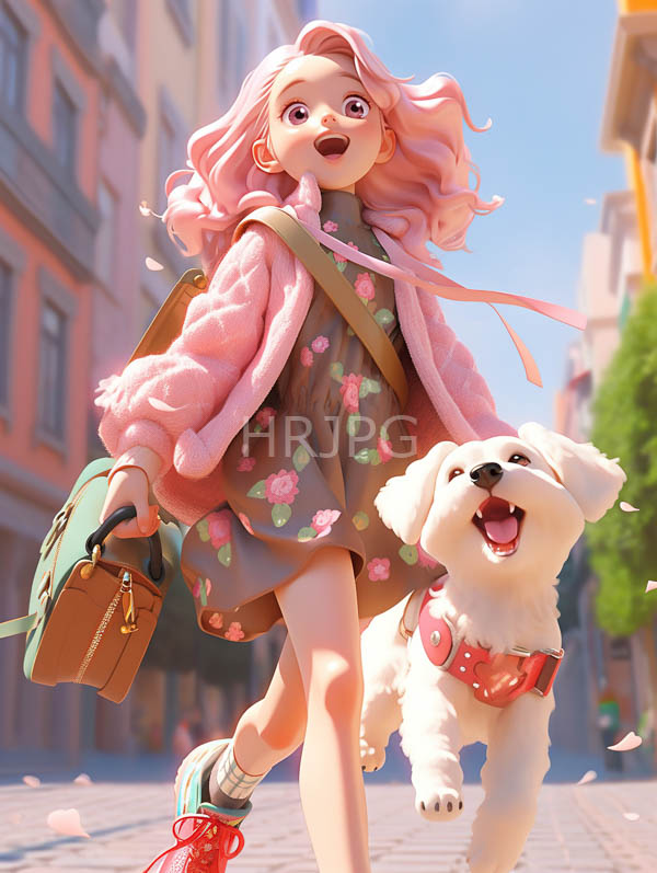 High Resolution: Animated young girl with pink hair wears a fluffy light-pink jacket over a floral dress and white sneakers carrying a green backpack while walking beside a joyful small dog download. | HRJPG.com