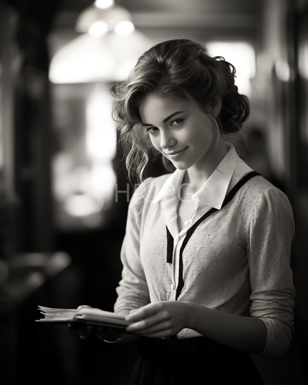 High Resolution: Black-and-white photograph of an attractive young woman with wavy pinned-up hair standing in a dim hallway holding papers while looking at them smiling subtly wearing a textured cardigan and dark suspenders download. | HRJPG.com