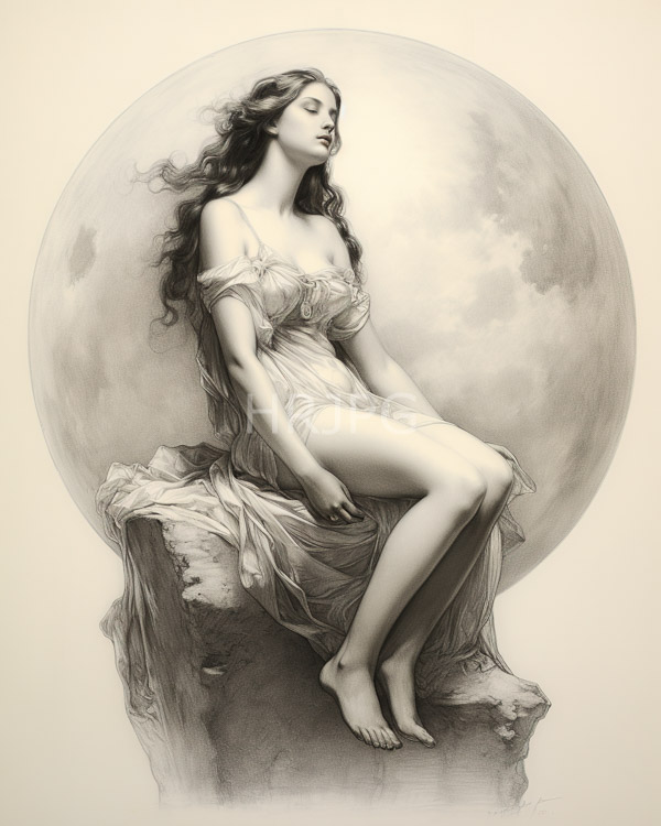 High Resolution: Detailed monochromatic pencil drawing of an ethereal woman with long wavy hair and closed eyes sitting on rocky terrain against a large circular background resembling moonlight download. | HRJPG.com