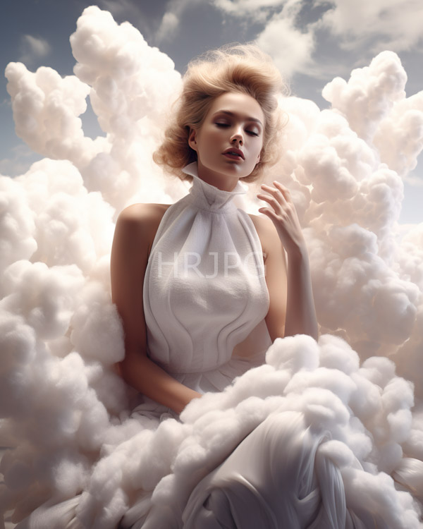 High Resolution: Photorealistic ethereal blonde woman with closed eyes wears a sleeveless white halter dress amidst fluffy clouds against a partly cloudy sky exuding serene grace and elegance download. | HRJPG.com