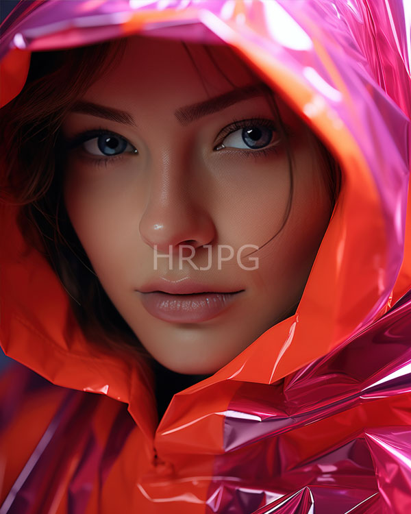 High Resolution: Photorealistic attractive young woman with fair skin blue eyes and light brown hair wears a shiny pink-orange hooded raincoat that reflects soft lighting on her face download. | HRJPG.com
