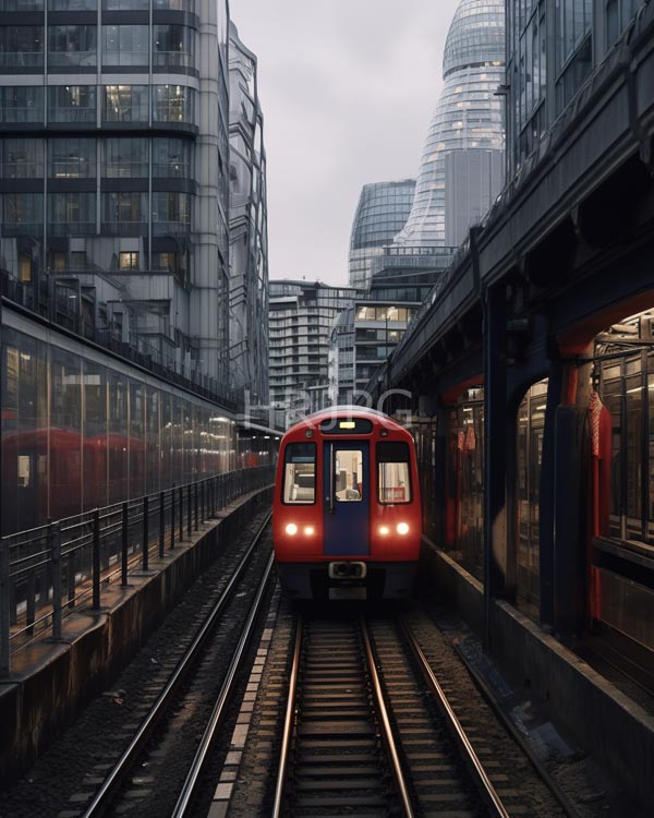 High Resolution: Urban scene features a red London Underground train approaching on tracks flanked by modern glass buildings with curved and rectangular designs under overcast skies download. | HRJPG.com