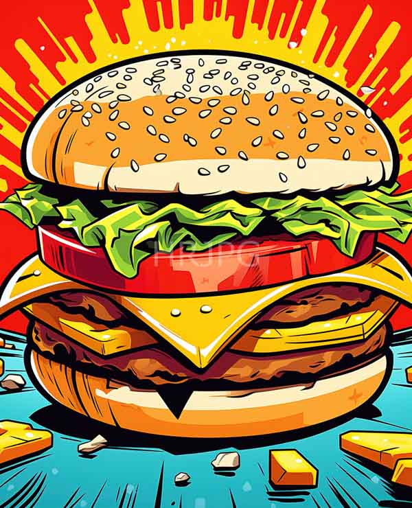 High Resolution: Vibrant digital pop-art style illustration of a large cheeseburger against a bright red background with yellow radiating lines resembling comic book effects download. | HRJPG.com