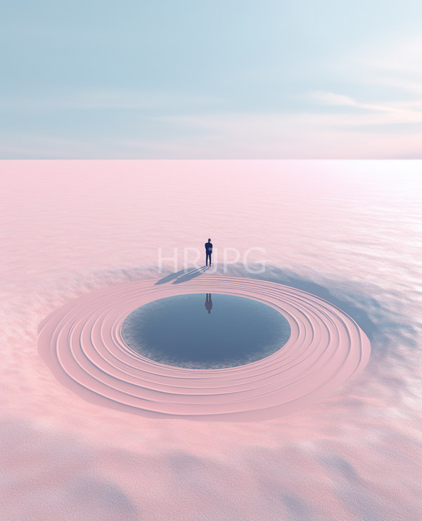 High Resolution: Isolated figure stands on pink rippled sand with concentric circular patterns around them and reflecting in their shadowed footprint pool with a pastel sky above download. | HRJPG.com