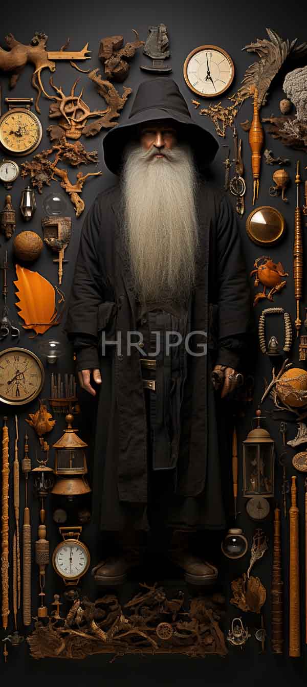 High Resolution: Elderly bearded man with long white hair and beard wears black robes against a dark background adorned by vintage clocks antlers wooden carvings lanterns watches and feathers download. | HRJPG.com