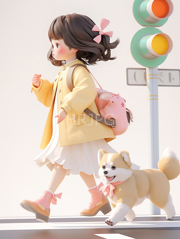 High Resolution: Anime-style young girl with brown hair wearing pink bows and a yellow coat walks beside her tan Shiba Inu dog on a crosswalk signal light background download. | HRJPG.com
