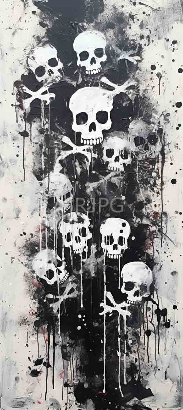 High Resolution: Abstract digital painting features multiple white skulls with black eye sockets and teeth arranged in vertical rows against a splattered background of dark gray ink-like patterns download. | HRJPG.com