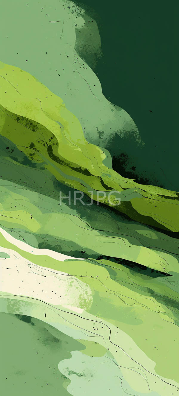 High Resolution: Abstract digital painting featuring layered swirling patterns in varying shades of green and yellow with black speckles scattered throughout download. | HRJPG.com
