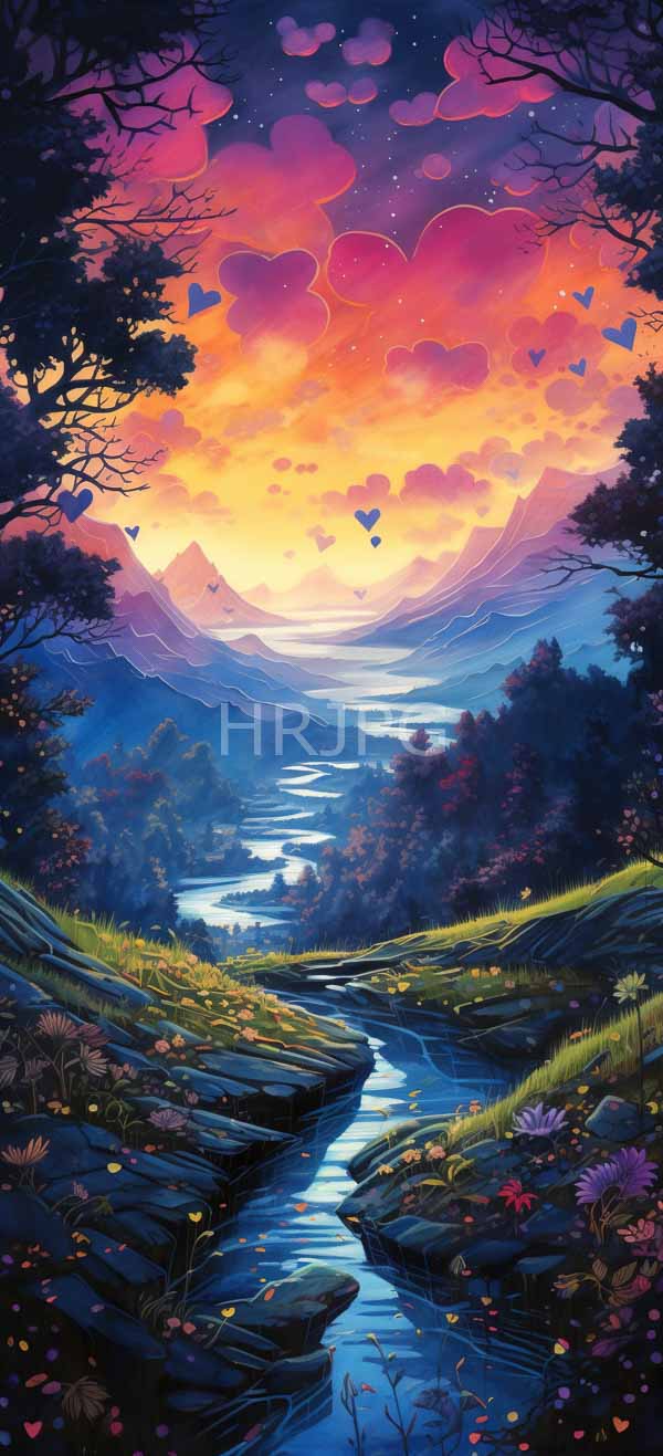 High Resolution: Enchanting sunset landscape features vibrant colorful clouds in pink and orange hues above mountains with reflected light on a winding river flowing through lush green hills and floating heart-shaped balloons download. | HRJPG.com
