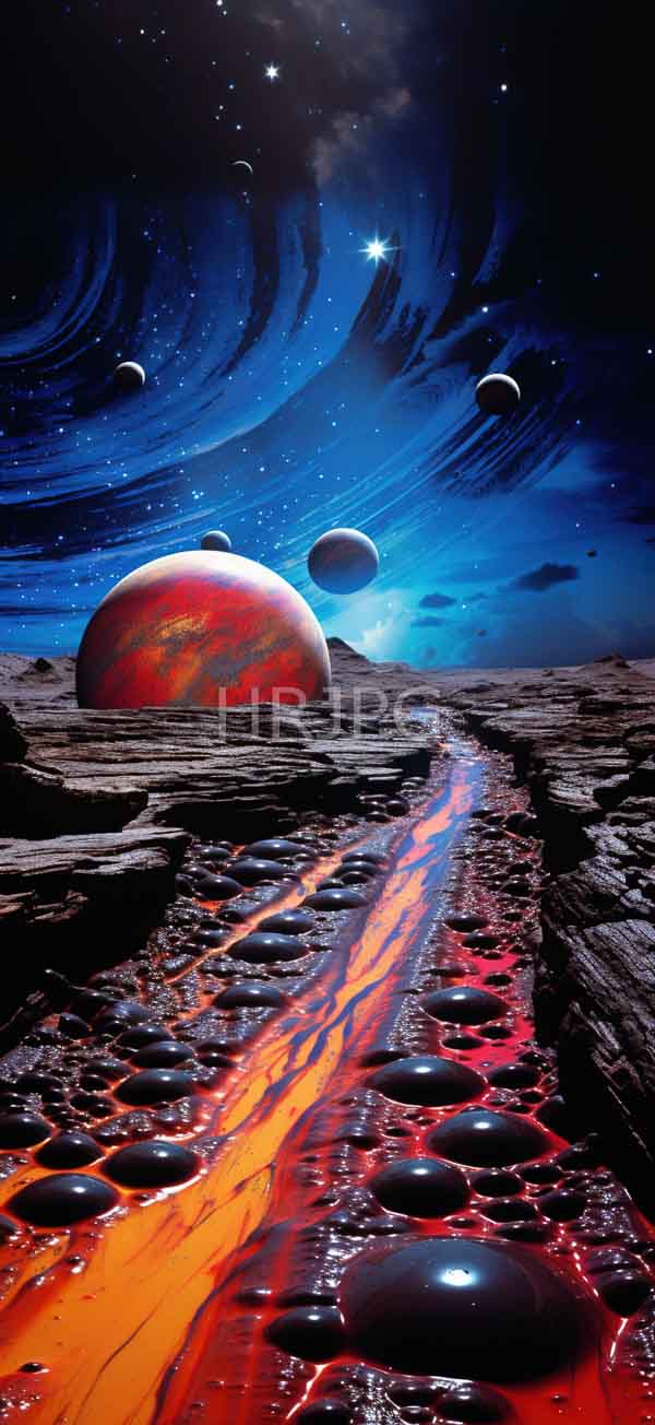 High Resolution: Alien landscape with jagged rocky terrain leading to glowing red-orange lava pools reflecting light from above with a large planetoid dominating the center background against a swirling cosmic sky download. | HRJPG.com