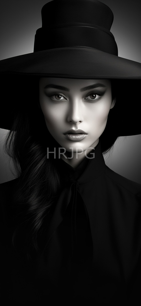 High Resolution: Black-and-white photograph of an Asian woman with long wavy hair wearing a large black hat and matching high-collared blouse with striking bold eyeliner and glossy lips download. | HRJPG.com