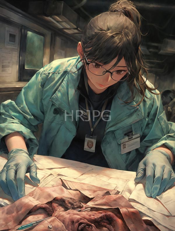 High Resolution: Asian woman with glasses and brown hair in a ponytail wears a blue lab coat and gloves examining anatomical diagrams on paper at a workbench inside a dim-lit laboratory download. | HRJPG.com