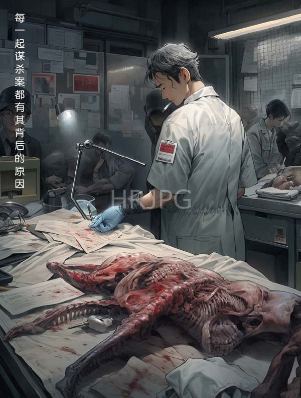 High Resolution: Industrial laboratory with dim lighting where scientists in white lab coats examine and dissect monstrous red-skinned creatures on dissection tables covered by bloodstains download. | HRJPG.com