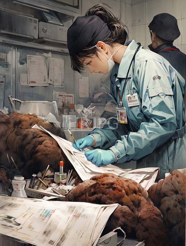 High Resolution: Asian woman in a blue lab coat and gloves and a black headband focused on inspecting documents over large brown meat cuts with tools nearby download. | HRJPG.com
